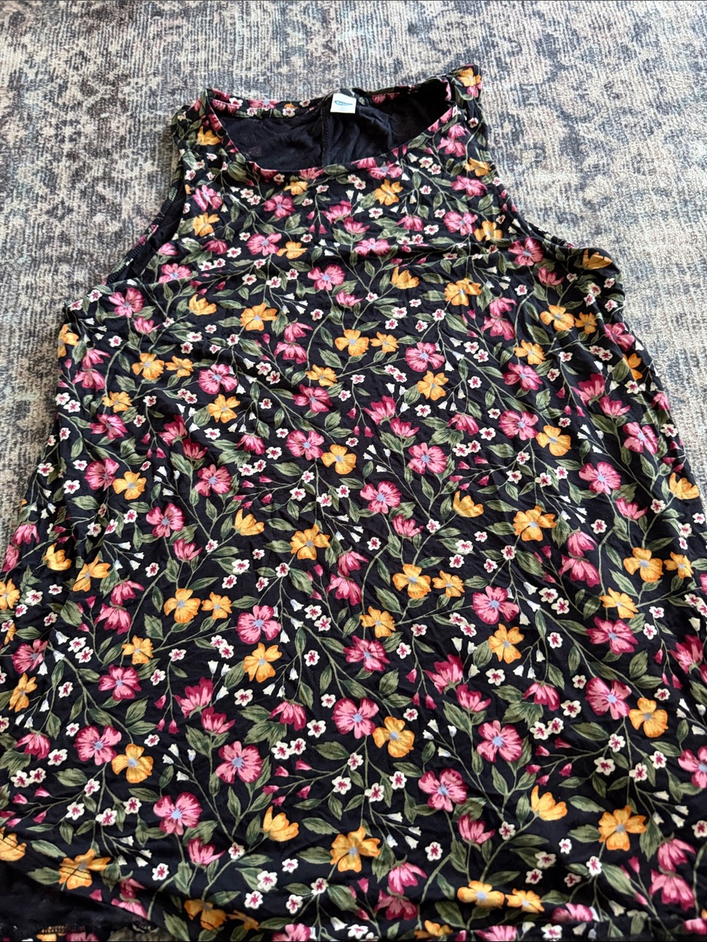 Old Navy Black Floral Tank with Pink and Yellow Accents